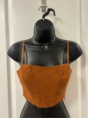 Jason Wu Coquette Feminine Eyelet Corset Rust Orange Smocked Cropped Tank Top XS